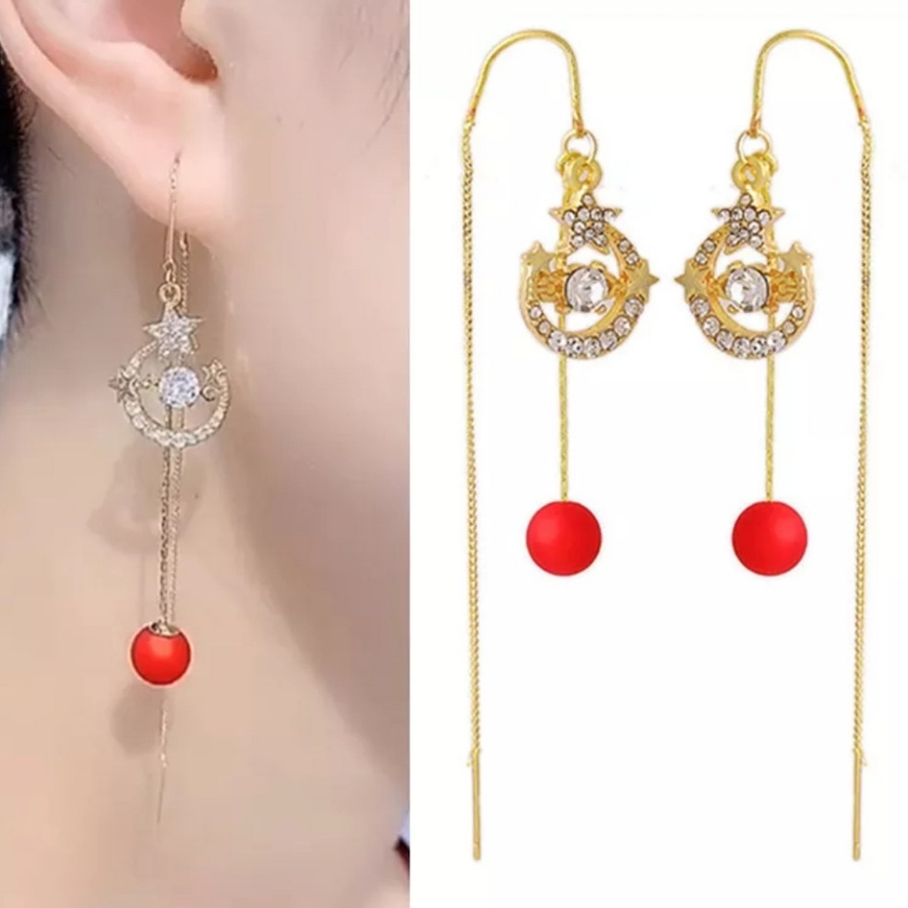 🎀18k/925 Red Pearl Moon Star Drop Threader Tassel